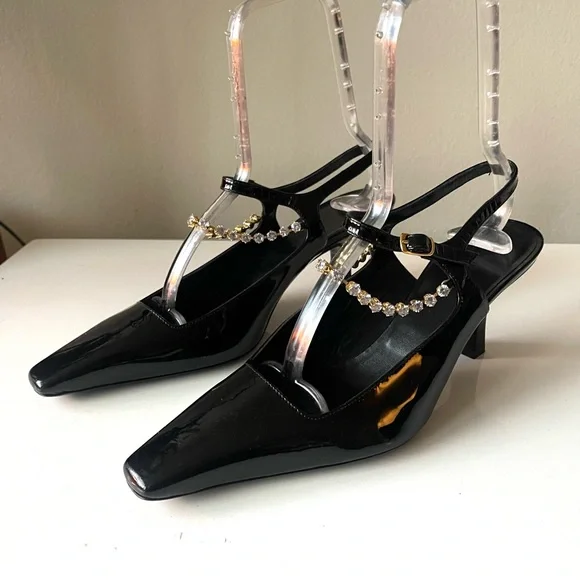 KHAITE Black Patent Leather Crystal Strap Heels Sandals Made Italy Size 40.5 - Picture 4 of 8